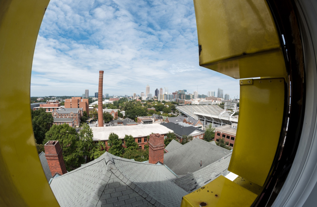 Tech campus and Atlanta skyline from inside the top of Tech Tower