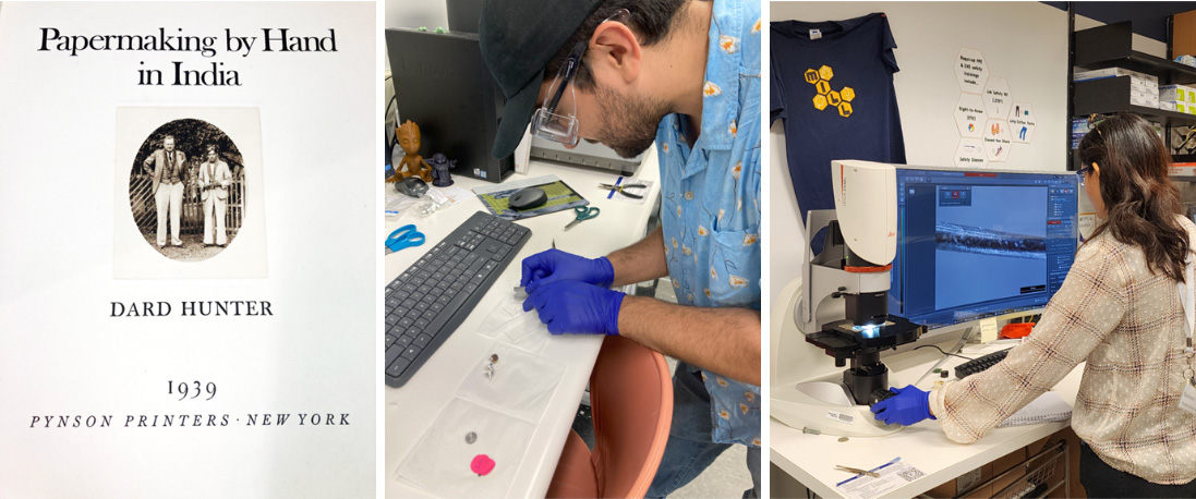 Dard Hunter and Tekumalla Venkajee during their travels in the Indian subcontinent (left). Daniel Vallejo, Ph.D., prepping the loom fiber sample for Scanning Electron Microscopy (middle), Nasreen Khan, Ph.D., analyzing loom fiber with an optical microscope (right) in Georgia Tech Microscope