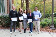 Pictured (from left to right): Nicolas Somers, Best Lightning Talk Overall, Gulcin Arslan Azizoglu, Best Research Talk Overall, Karena Nguyen, Assistant Director for Postdoctoral Services, Namrata Dey Roy, Best Talk from the Ivan Allen College of Liberal Arts, Zhe Guang, Best Research Talk from the College of Engineering. 