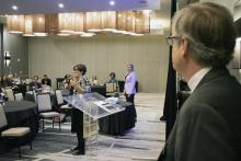 Paula M. Krebs, foreground, executive director of the Modern Languages Association, answers a question during the humanTech symposium on humanistic perspectives at technological universities at the Renaissance Hotel Midtown on April 19, 2019. Anna Stenport, chair of the School of Modern Languages, background, and Richard Utz, chair of the School of Literature, Media, and Communication, foreground, listen.